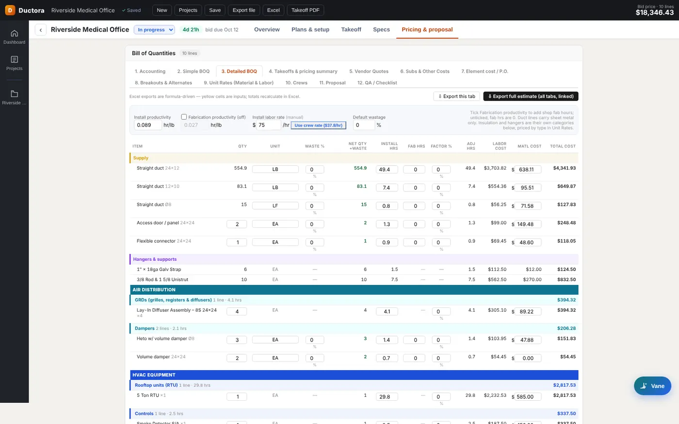 Detailed bill of quantities with labor hours, labor cost, material cost and total per line