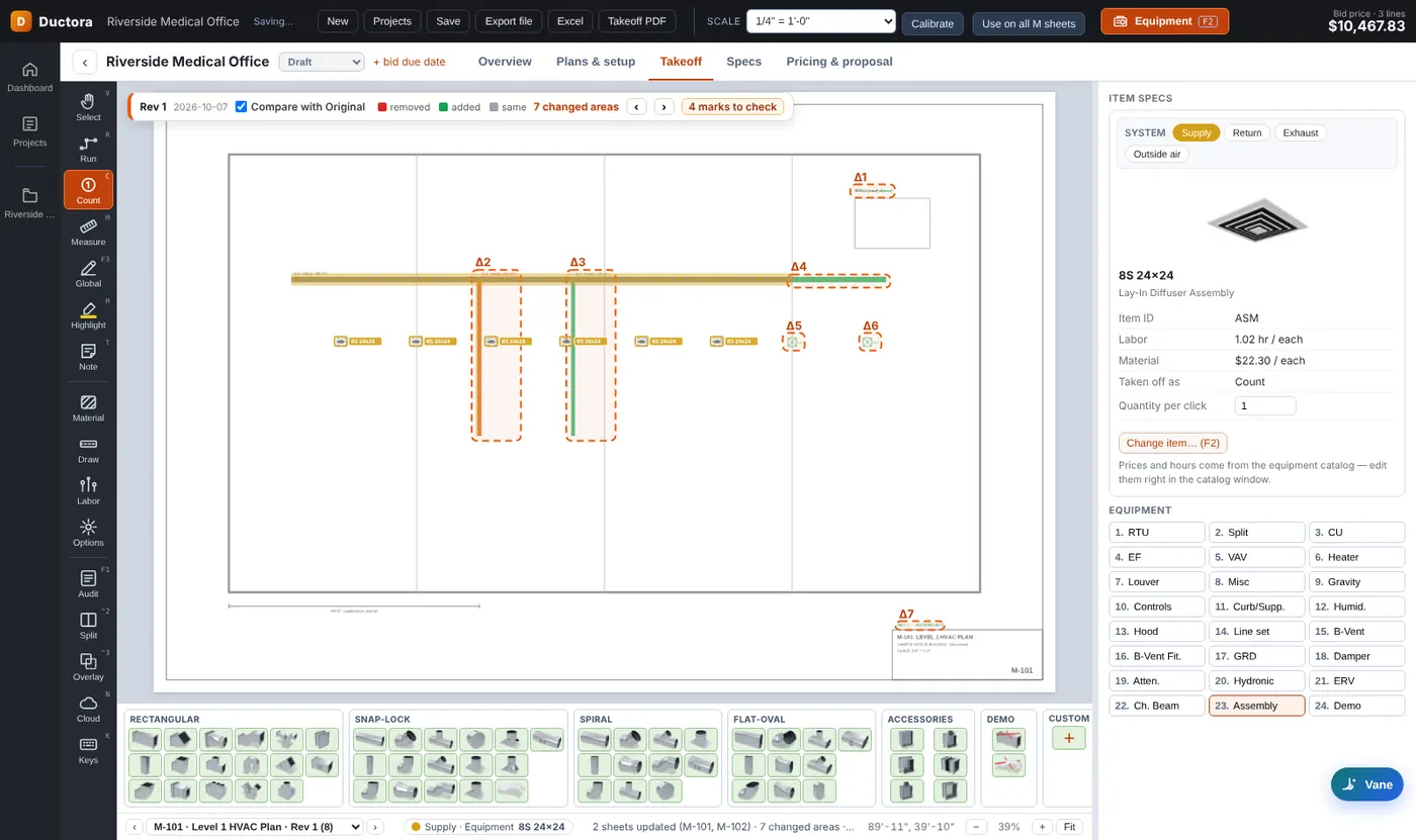 Revision compare: removed parts in red, added parts in green, seven changed areas boxed
